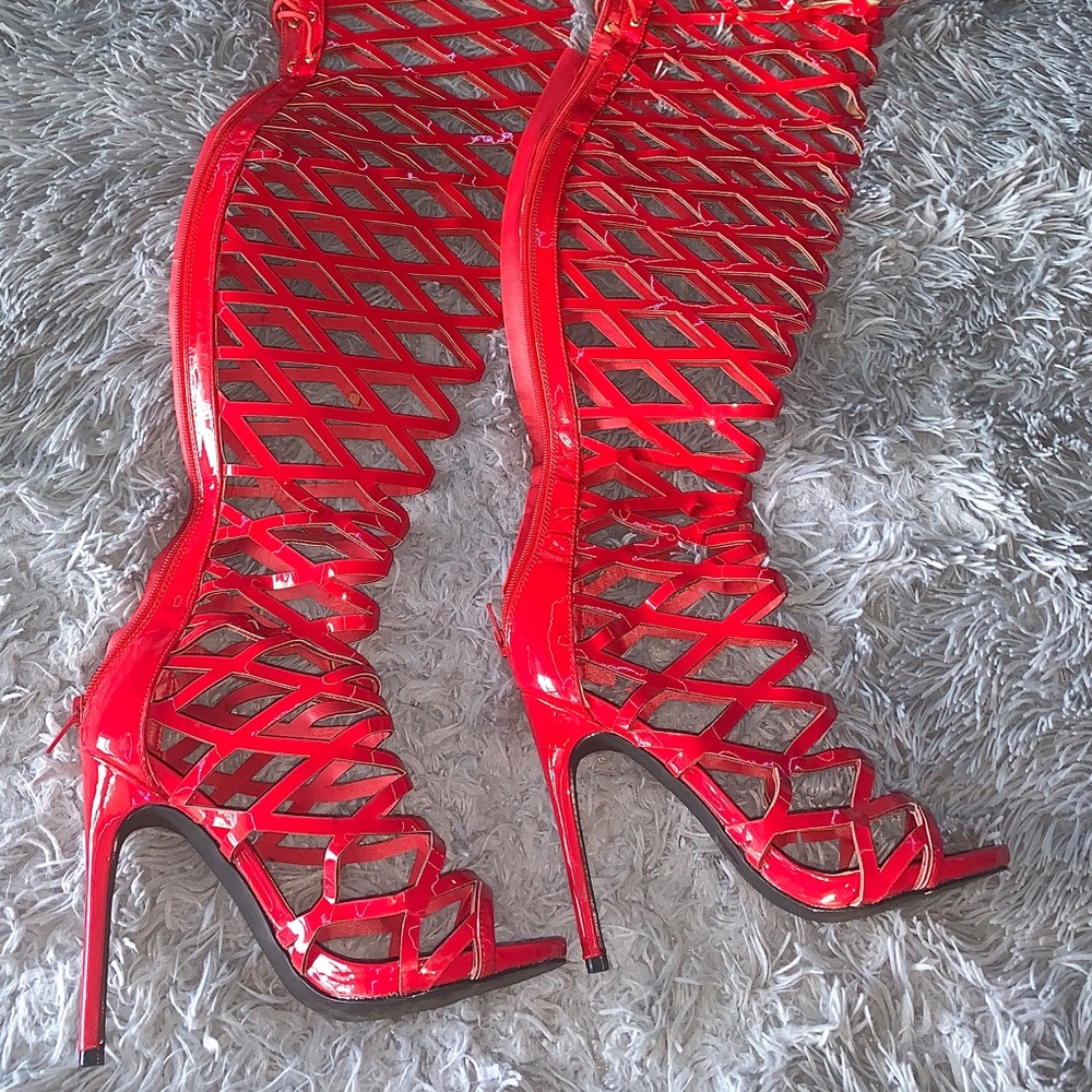 RED KNEE HIGH BOOTS